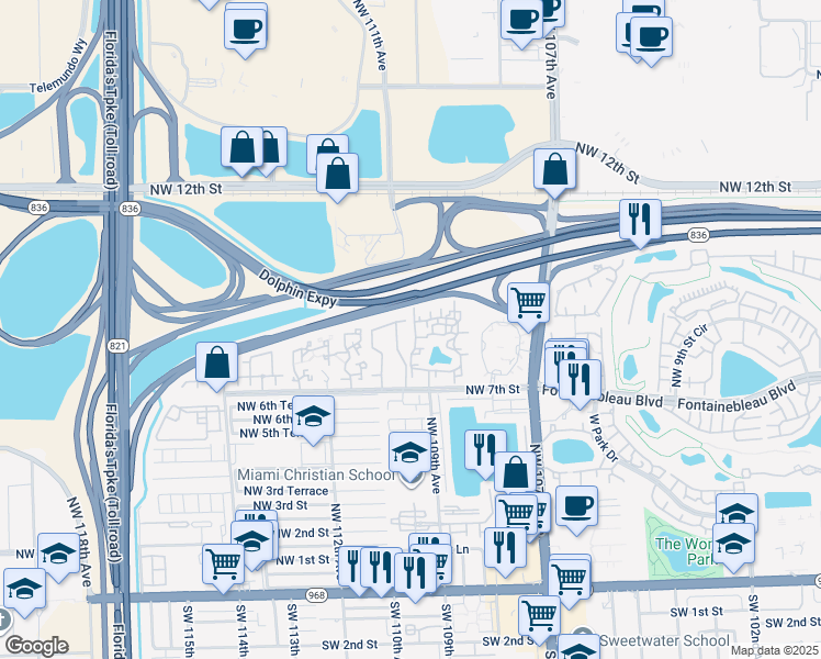 map of restaurants, bars, coffee shops, grocery stores, and more near 10871 Northwest 7th Street in Miami
