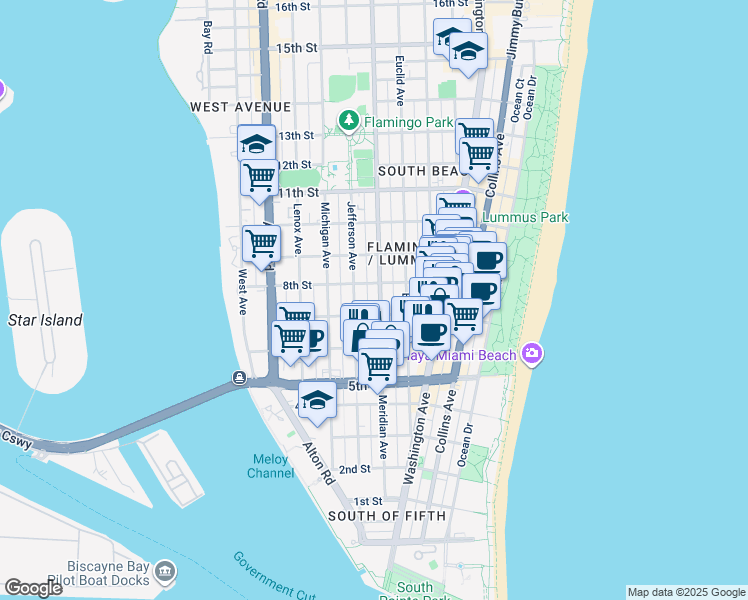 map of restaurants, bars, coffee shops, grocery stores, and more near 719 Meridian Avenue in Miami Beach