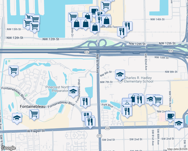 map of restaurants, bars, coffee shops, grocery stores, and more near 10 Northwest 87th Avenue in Miami
