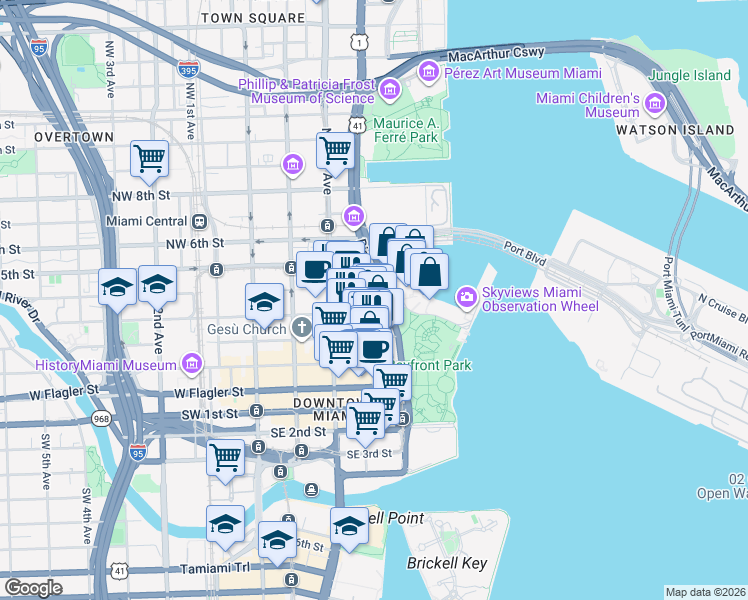 map of restaurants, bars, coffee shops, grocery stores, and more near 244 Biscayne Boulevard in Miami