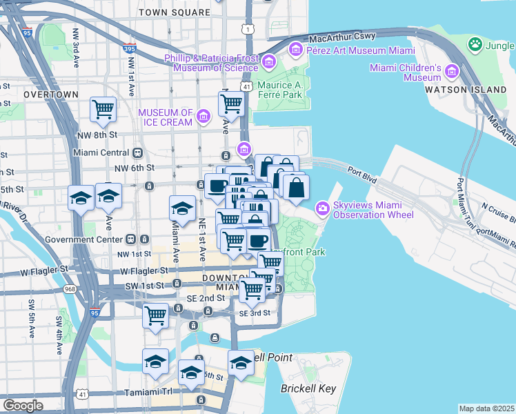 map of restaurants, bars, coffee shops, grocery stores, and more near 244 Biscayne Boulevard in Miami