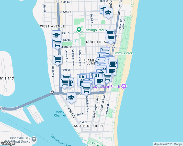 map of restaurants, bars, coffee shops, grocery stores, and more near 719 Meridian Avenue in Miami Beach