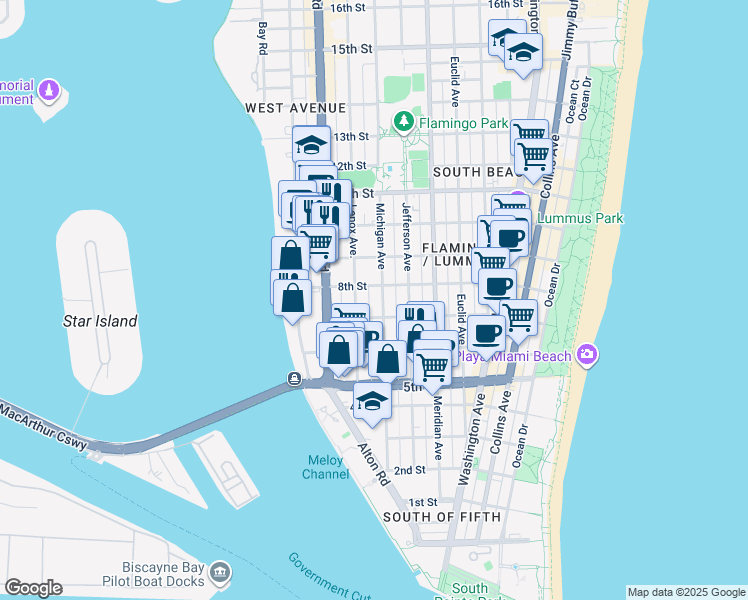 map of restaurants, bars, coffee shops, grocery stores, and more near 725 Lenox Avenue in Miami Beach