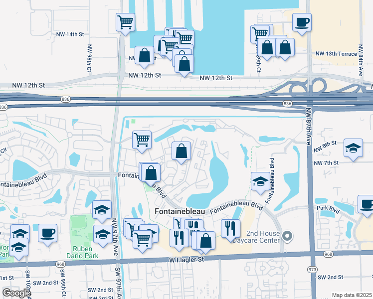 map of restaurants, bars, coffee shops, grocery stores, and more near 9419 Fontainebleau Boulevard in Miami