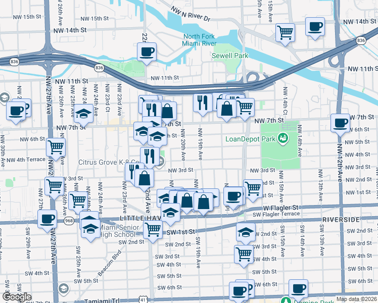map of restaurants, bars, coffee shops, grocery stores, and more near 1946 Northwest 5th Street in Miami