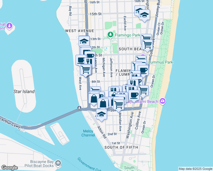 map of restaurants, bars, coffee shops, grocery stores, and more near 726 Jefferson Avenue in Miami Beach