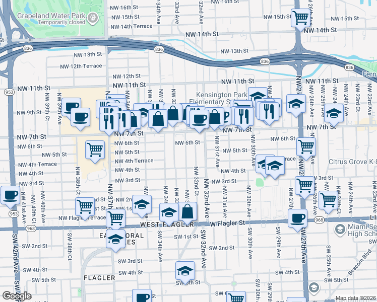 map of restaurants, bars, coffee shops, grocery stores, and more near 460 Northwest 32nd Court in Miami