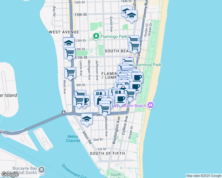 map of restaurants, bars, coffee shops, grocery stores, and more near 719 Meridian Avenue in Miami Beach