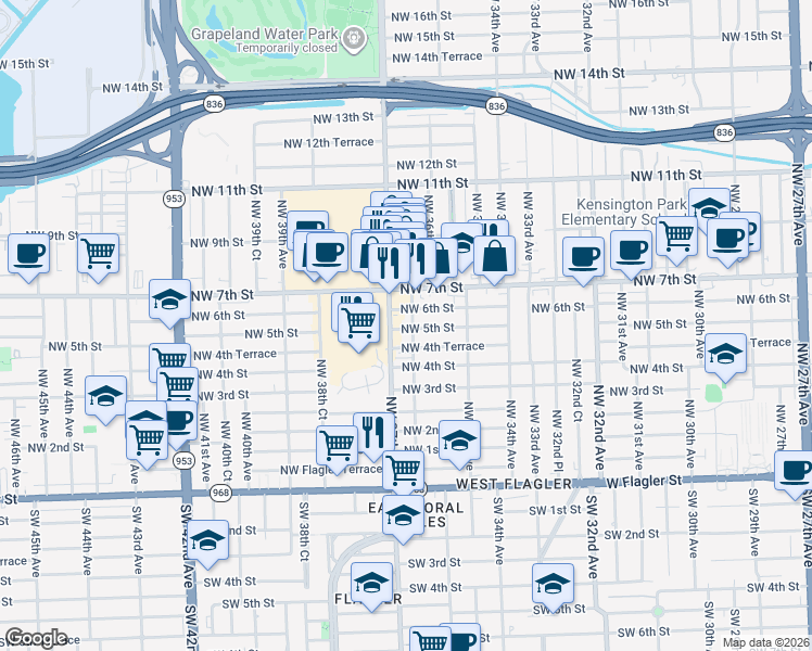 map of restaurants, bars, coffee shops, grocery stores, and more near 3652 Northwest 5th Street in Miami