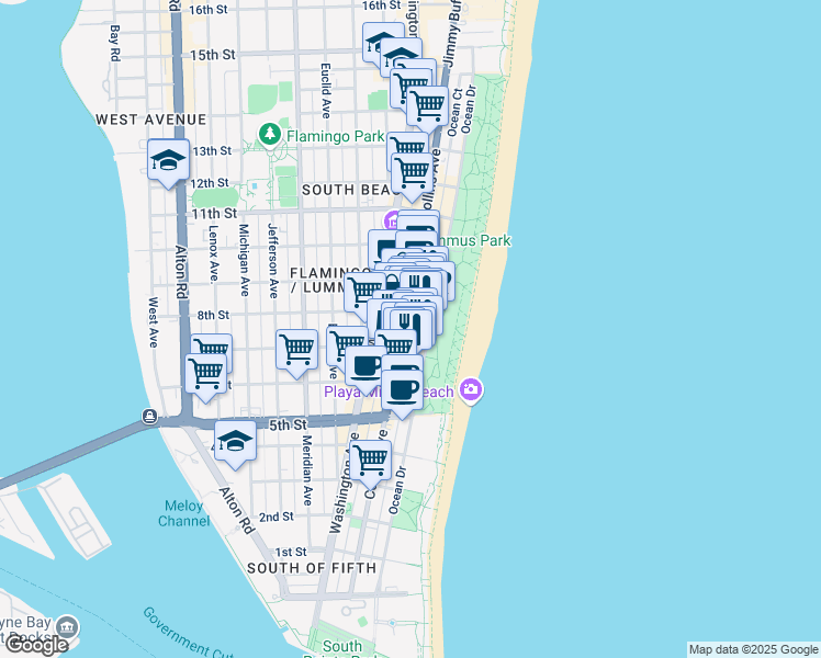 map of restaurants, bars, coffee shops, grocery stores, and more near in Miami Beach