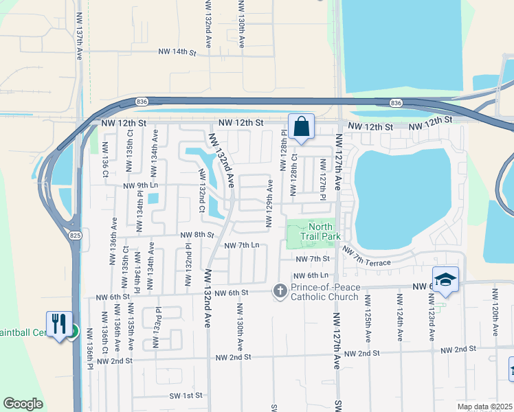map of restaurants, bars, coffee shops, grocery stores, and more near 12955 Northwest 8th Lane in Miami