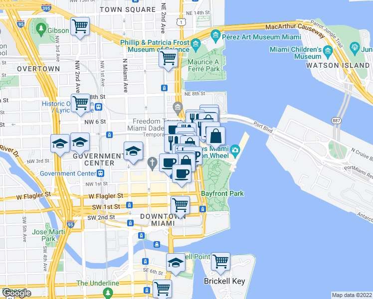 map of restaurants, bars, coffee shops, grocery stores, and more near 244 Biscayne Boulevard in Miami