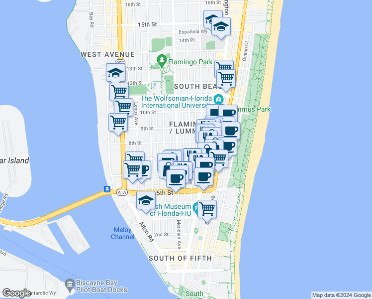 map of restaurants, bars, coffee shops, grocery stores, and more near 719 Meridian Avenue in Miami Beach