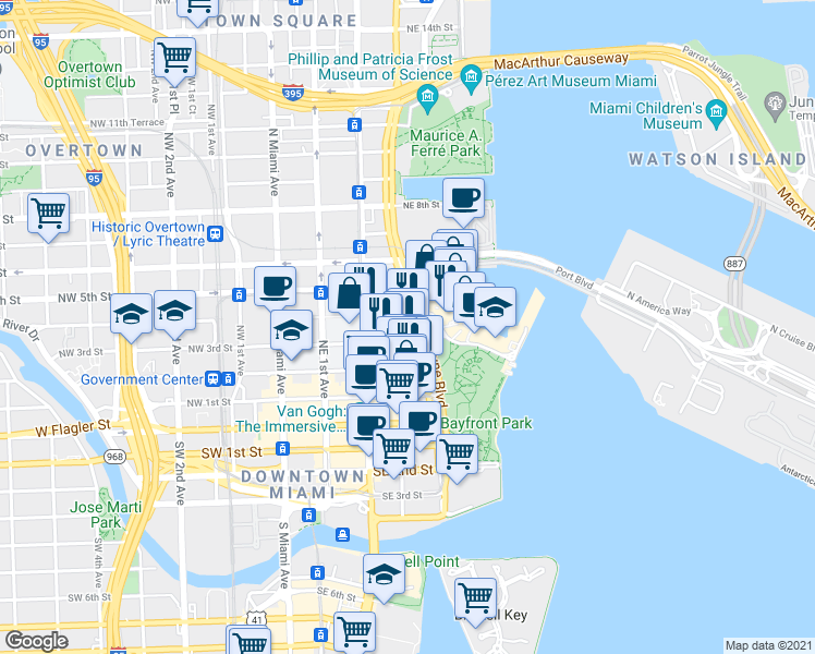 map of restaurants, bars, coffee shops, grocery stores, and more near 244 Biscayne Boulevard in Miami