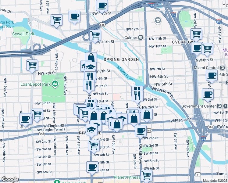 map of restaurants, bars, coffee shops, grocery stores, and more near 977 Northwest 4th Street in Miami