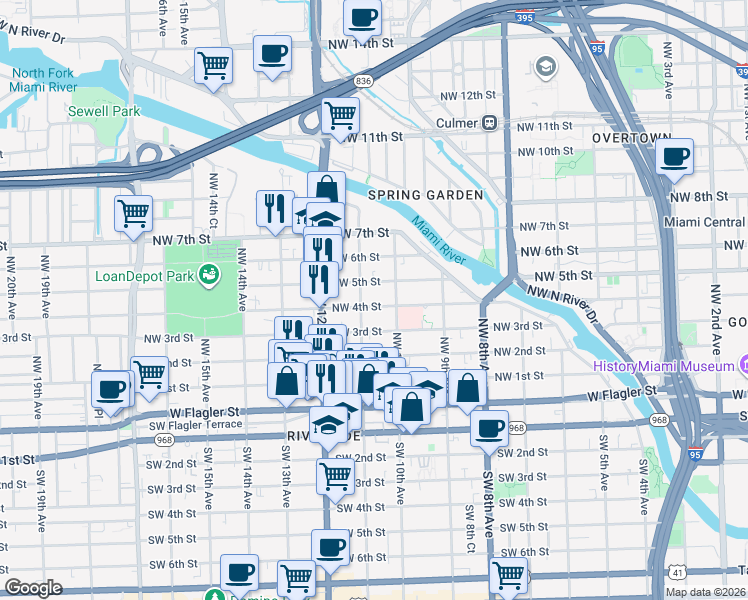 map of restaurants, bars, coffee shops, grocery stores, and more near 1057 Northwest 4th Street in Miami