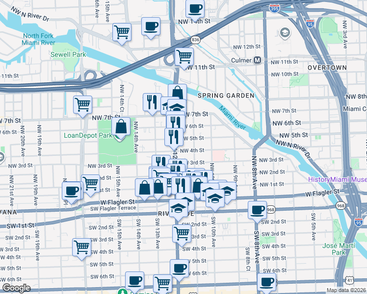 map of restaurants, bars, coffee shops, grocery stores, and more near 1151 Northwest 4th Street in Miami