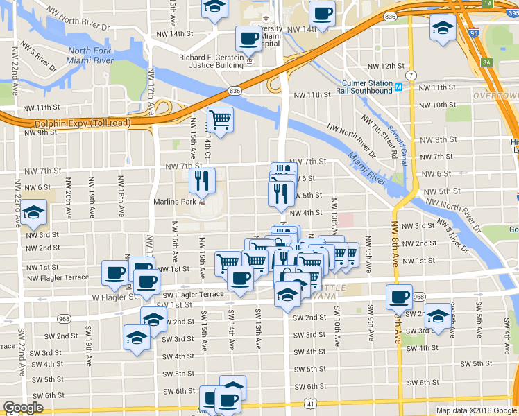 map of restaurants, bars, coffee shops, grocery stores, and more near 1235 Northwest 4th Street in Miami