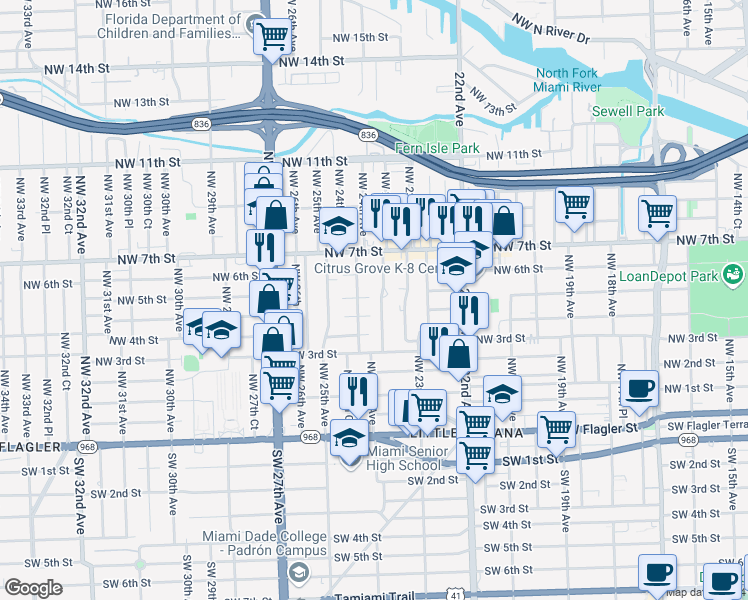 map of restaurants, bars, coffee shops, grocery stores, and more near 450 Northwest 23rd Place in Miami