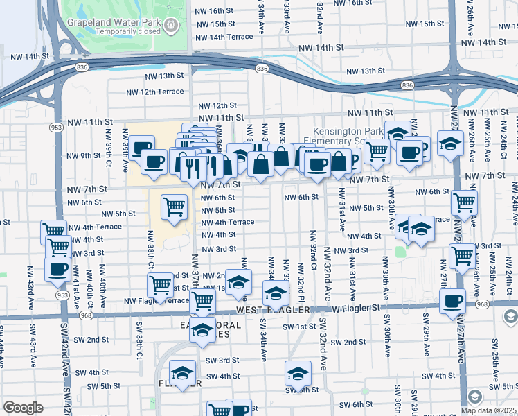 map of restaurants, bars, coffee shops, grocery stores, and more near 3428 Northwest 5th Street in Miami