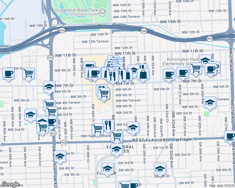 map of restaurants, bars, coffee shops, grocery stores, and more near 3652 Northwest 5th Street in Miami