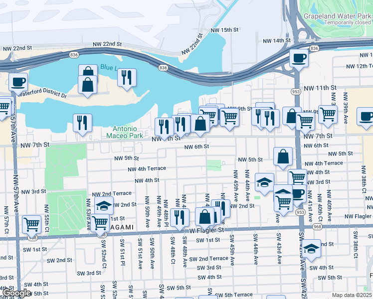 map of restaurants, bars, coffee shops, grocery stores, and more near 4801 Northwest 5th Street in Miami
