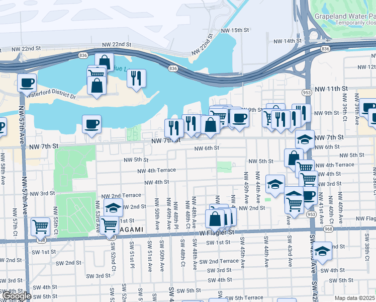 map of restaurants, bars, coffee shops, grocery stores, and more near 4801 Northwest 5th Street in Miami
