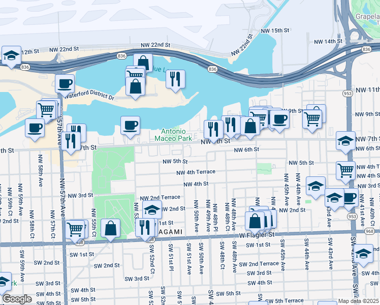 map of restaurants, bars, coffee shops, grocery stores, and more near 5057 Northwest 5th Street in Miami