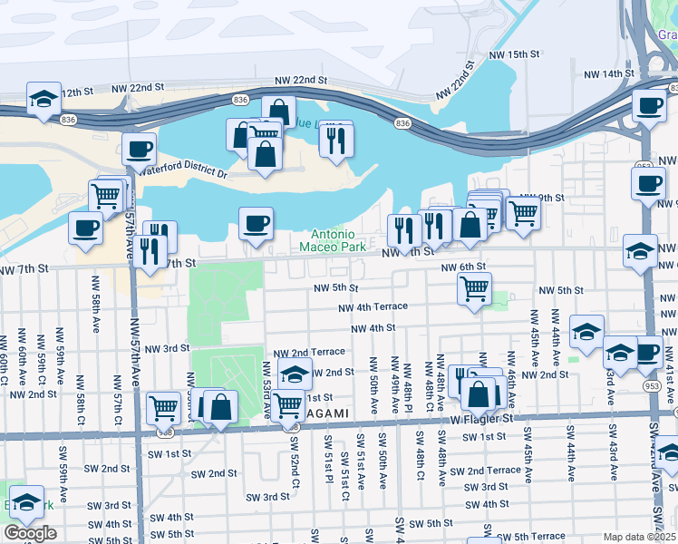 map of restaurants, bars, coffee shops, grocery stores, and more near 5117 Northwest 5th Street in Miami
