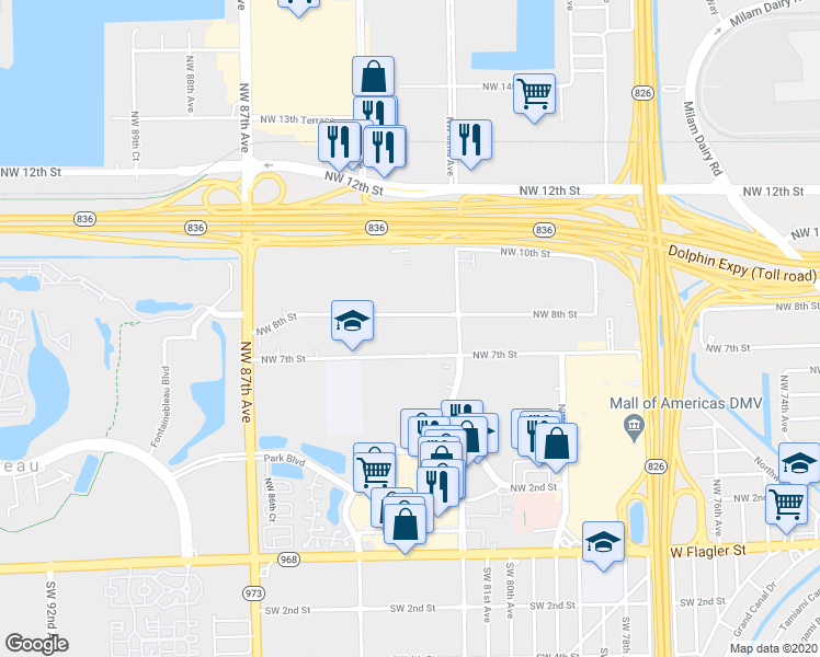 map of restaurants, bars, coffee shops, grocery stores, and more near 12 Northwest 84th Avenue in Miami