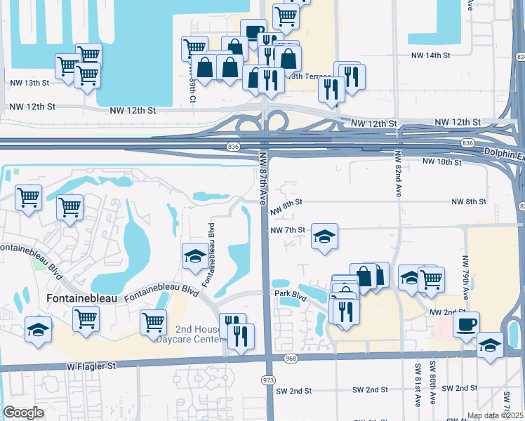 map of restaurants, bars, coffee shops, grocery stores, and more near 10 Northwest 87th Avenue in Miami