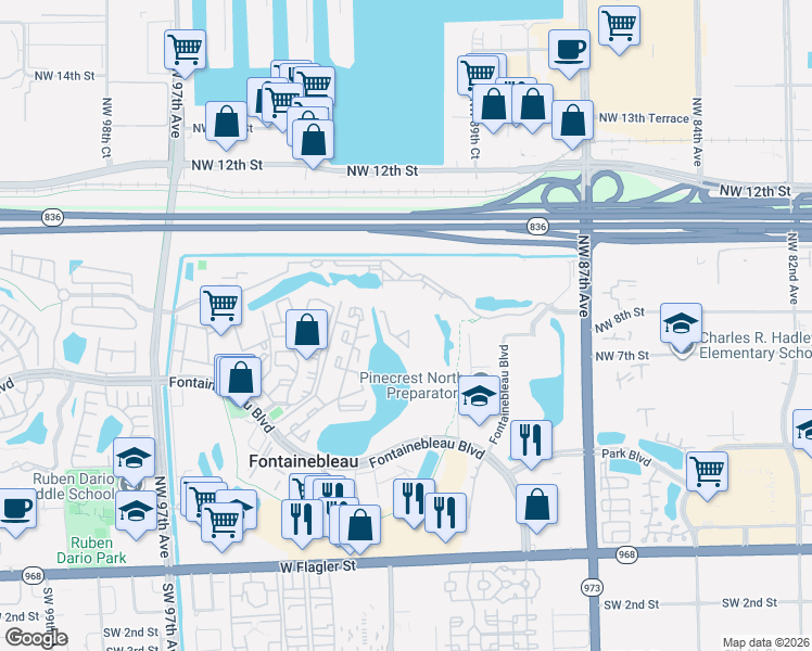 map of restaurants, bars, coffee shops, grocery stores, and more near 9187 Fontainebleau Boulevard in Miami