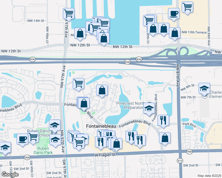 map of restaurants, bars, coffee shops, grocery stores, and more near 9371 Fontainebleau Boulevard in Miami