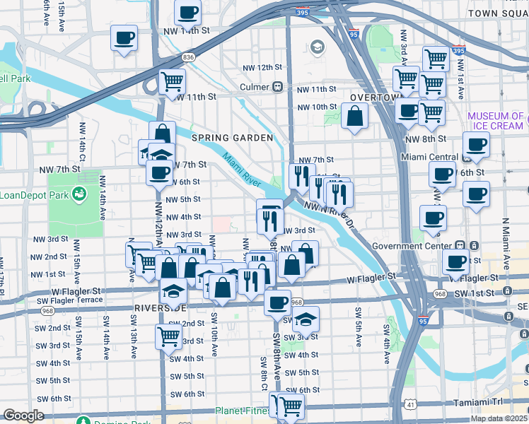 map of restaurants, bars, coffee shops, grocery stores, and more near 370 Northwest 8th Avenue in Miami