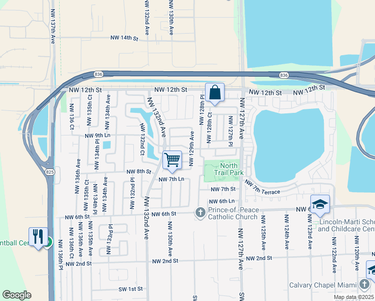 map of restaurants, bars, coffee shops, grocery stores, and more near 12955 Northwest 8th Lane in Miami