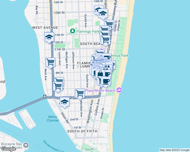 map of restaurants, bars, coffee shops, grocery stores, and more near 721 Collins Court in Miami Beach