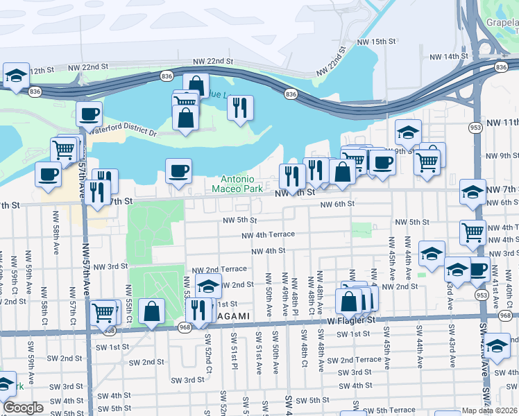 map of restaurants, bars, coffee shops, grocery stores, and more near 5057 Northwest 5th Street in Miami