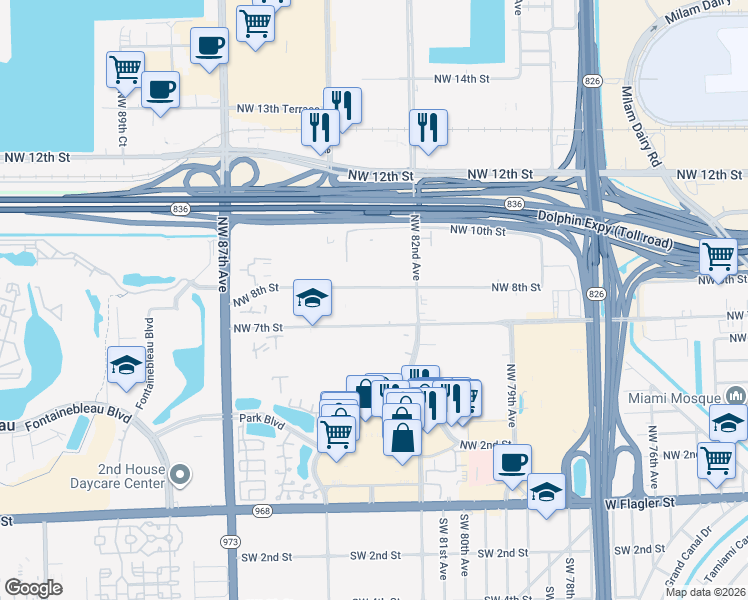 map of restaurants, bars, coffee shops, grocery stores, and more near 12 Northwest 84th Avenue in Miami
