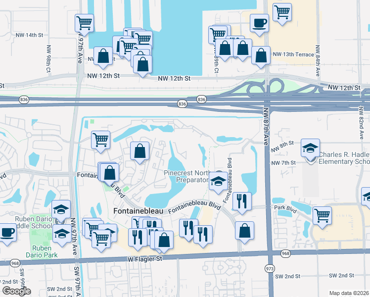 map of restaurants, bars, coffee shops, grocery stores, and more near 9187 Fontainebleau Boulevard in Miami