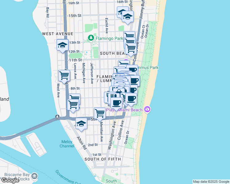map of restaurants, bars, coffee shops, grocery stores, and more near 719 Euclid Avenue in Miami Beach