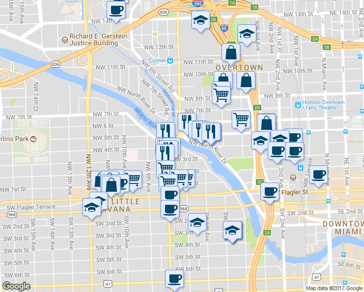 map of restaurants, bars, coffee shops, grocery stores, and more near 377 Northwest South River Drive in Miami