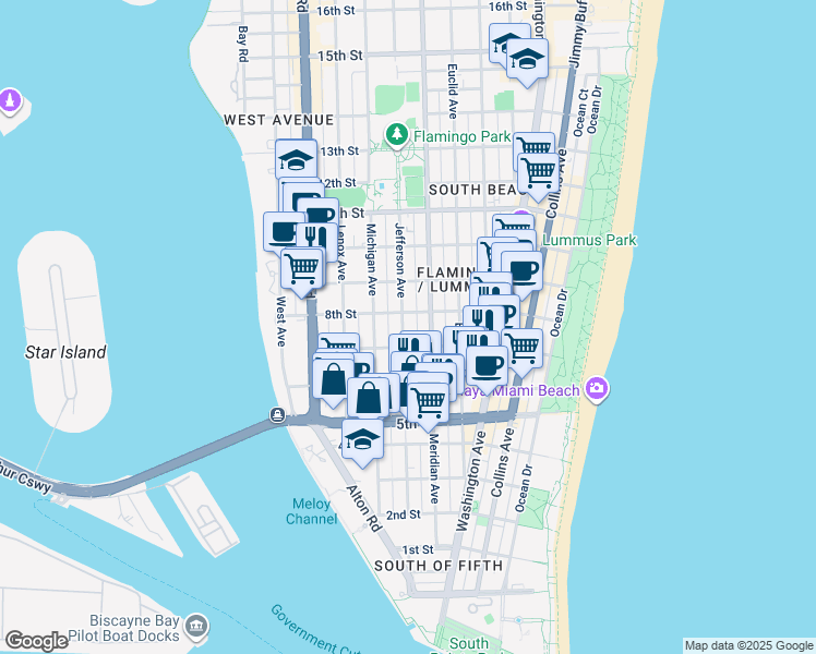 map of restaurants, bars, coffee shops, grocery stores, and more near 726 Jefferson Avenue in Miami Beach