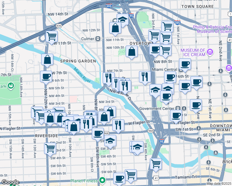map of restaurants, bars, coffee shops, grocery stores, and more near 450 Northwest North River Drive in Miami