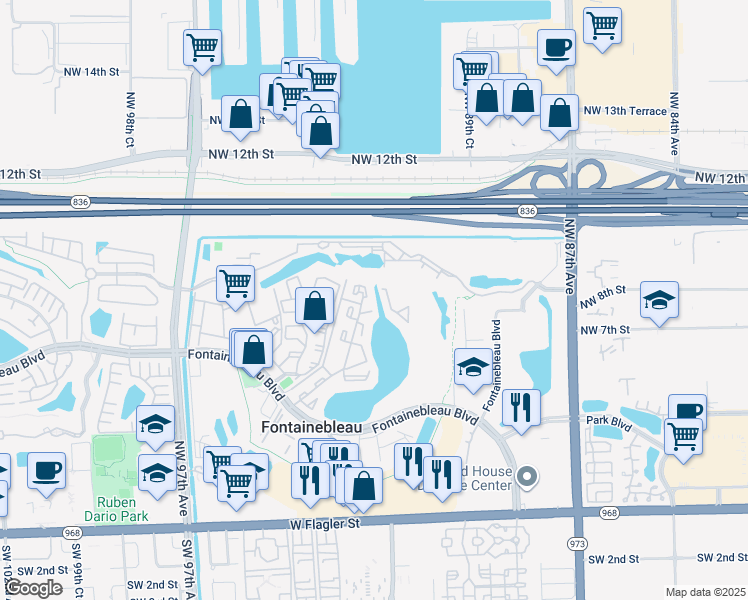 map of restaurants, bars, coffee shops, grocery stores, and more near 9187 Fontainebleau Boulevard in Miami