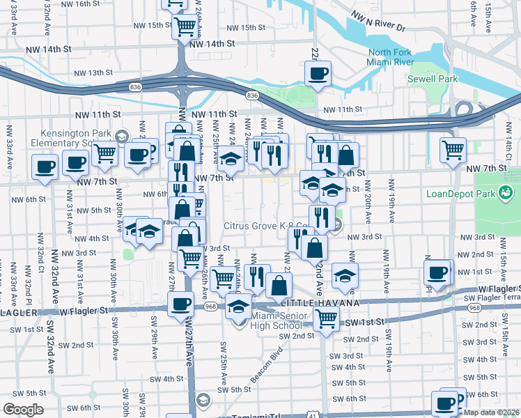 map of restaurants, bars, coffee shops, grocery stores, and more near 450 Northwest 23rd Place in Miami