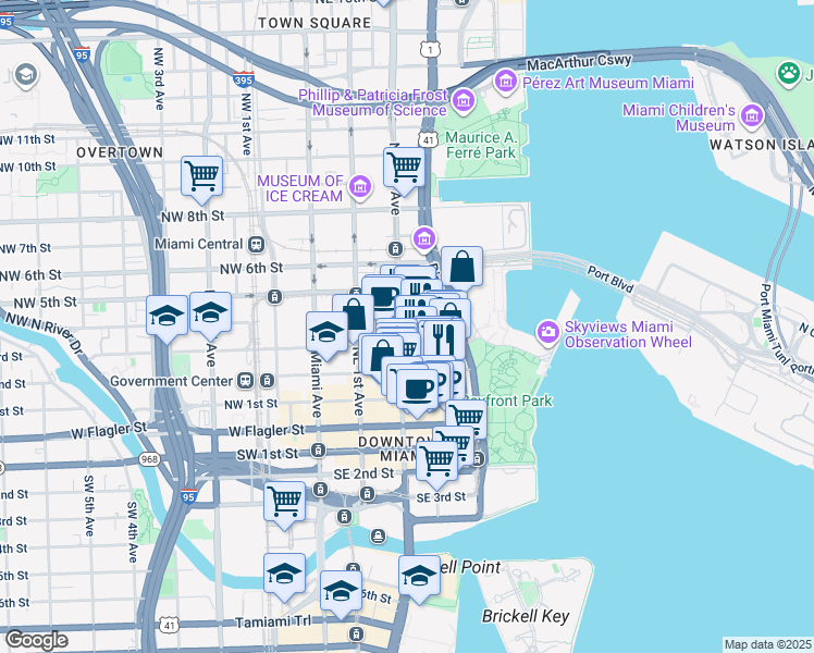 map of restaurants, bars, coffee shops, grocery stores, and more near 404 Northeast 2nd Avenue in Miami