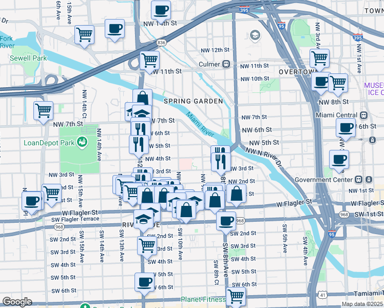 map of restaurants, bars, coffee shops, grocery stores, and more near 977 Northwest 4th Street in Miami