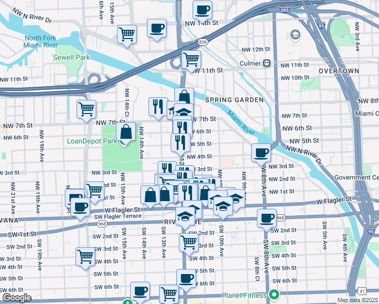 map of restaurants, bars, coffee shops, grocery stores, and more near 1151 Northwest 4th Street in Miami