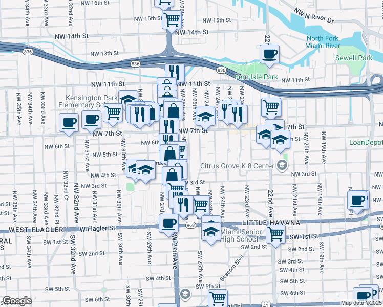 map of restaurants, bars, coffee shops, grocery stores, and more near in Miami
