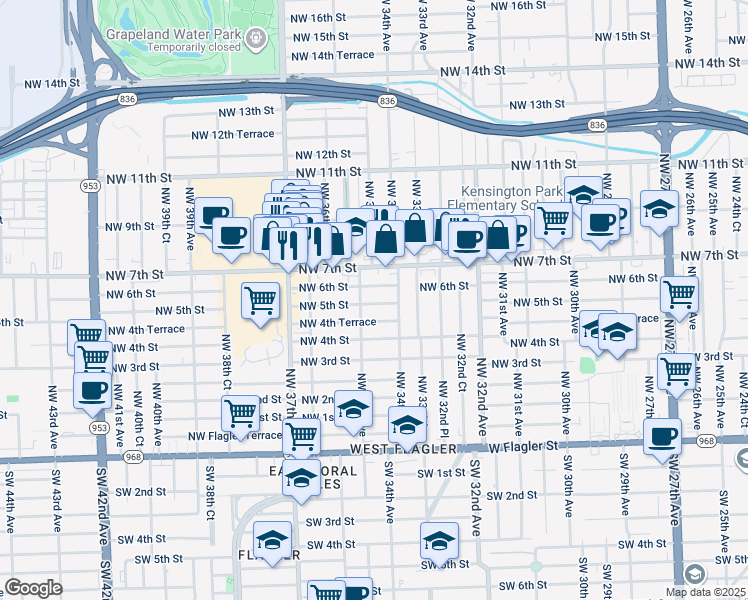 map of restaurants, bars, coffee shops, grocery stores, and more near 3428 Northwest 5th Street in Miami